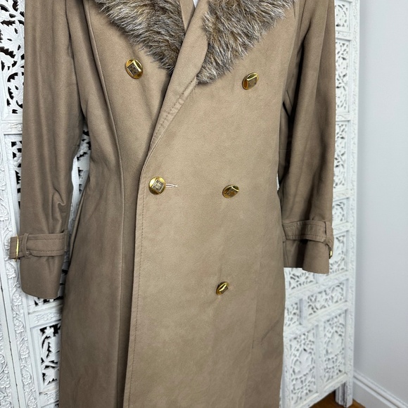 Vtg Tan 70's Debbi Robert Faux Fur Collar Trench Coat Sz Medium Old Money - Picture 3 of 10